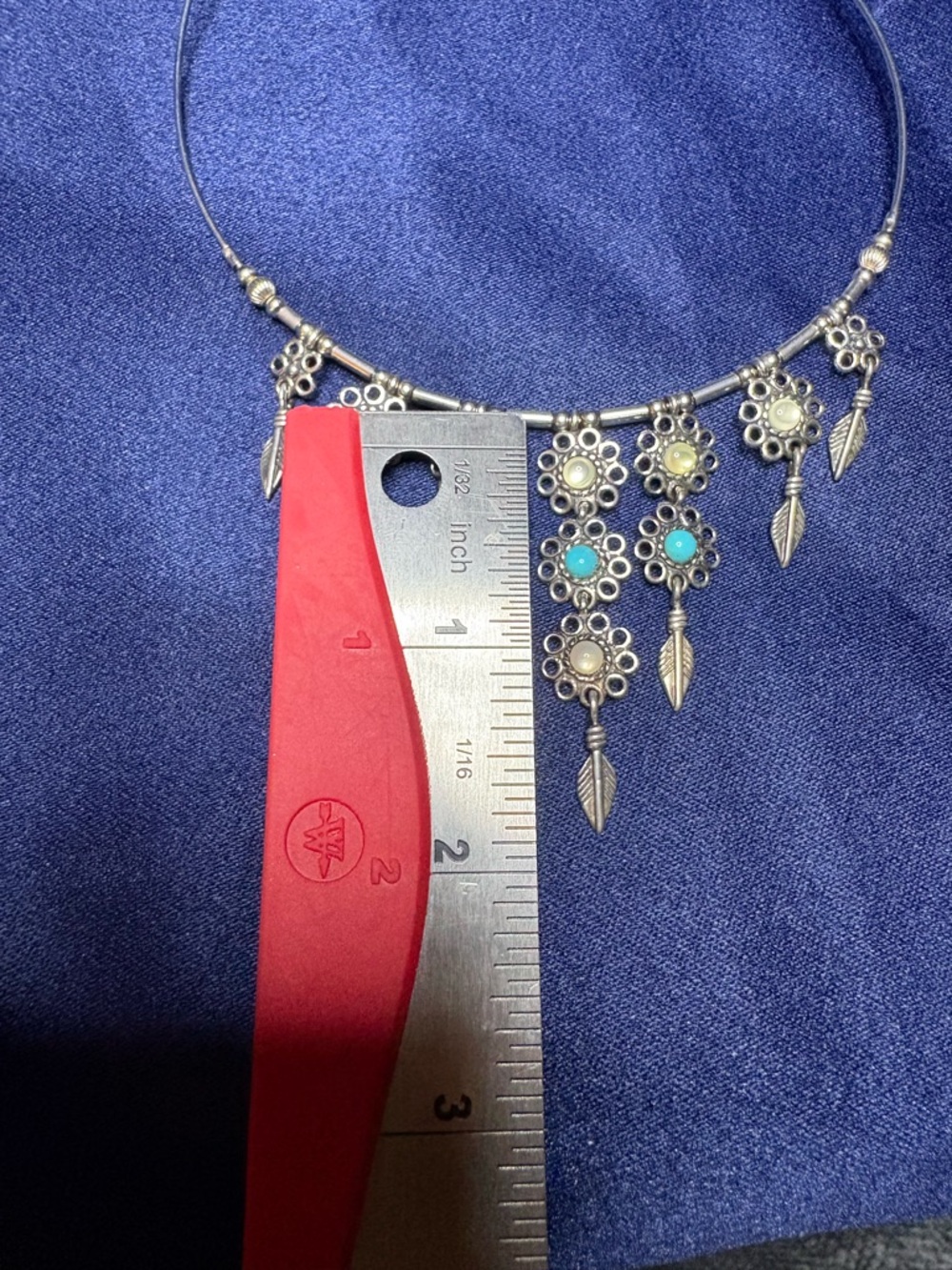 Necklace Artisan 925 Sterling Silver Floral Feather Turquoise Gemstone Choker - Picture 6 of 10